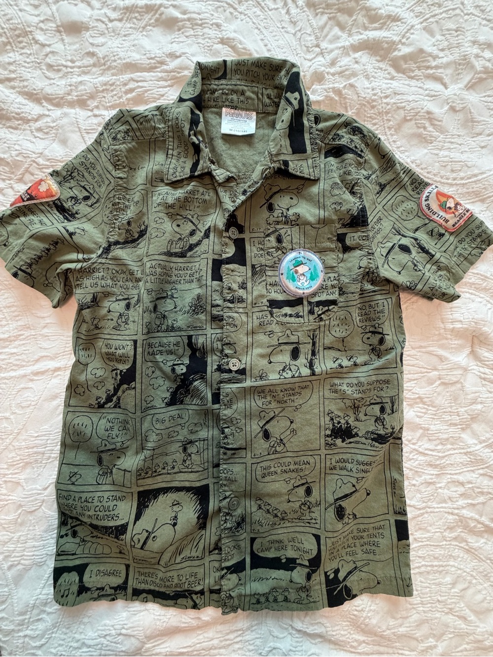 2 for$6✨Peanuts Olive Green Comic-Print Button-Down Shirt, Size M (Age 10/12)